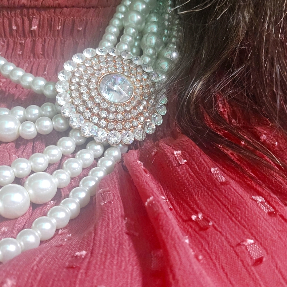 Simulated Pearl Necklace - Statement Rhinestone D… - image 3